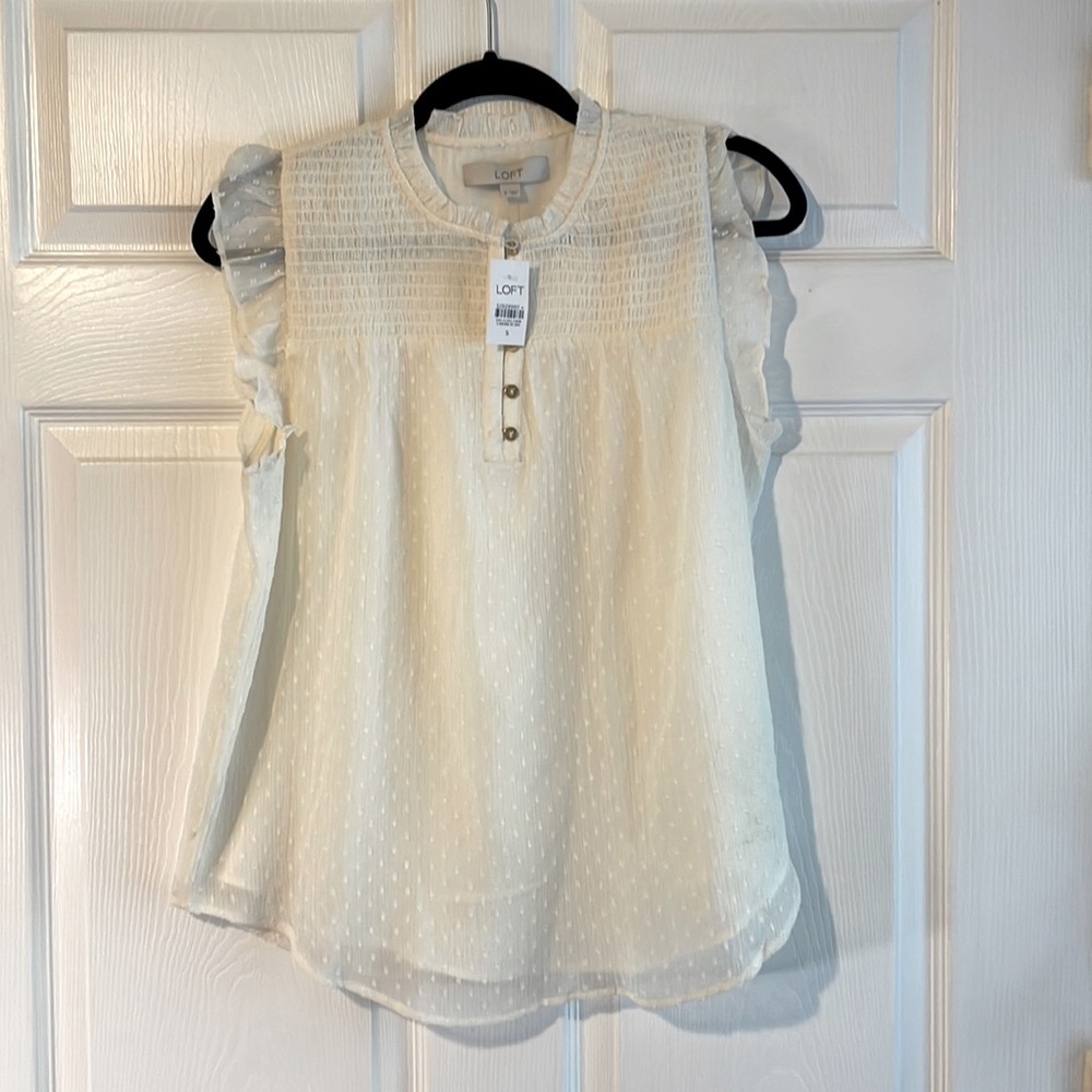 Loft Off-White Smocked Tank Top with Buttons